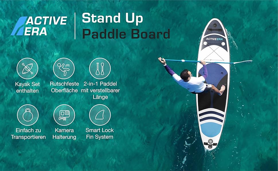 Надувне SUP-борд Active Era Stand Up Paddle Board з сидінням, комплект з регульованим веслом, насосом, рюкзаком та кріпленням для камери, 6 дюймів, 320x78x15 см, до 130 кг, блакитний