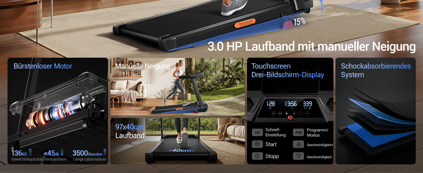 Біговий тренажер CURSOR для дому з нахилом 15%, швидкість до 12 км/год, максимальне навантаження 136 кг