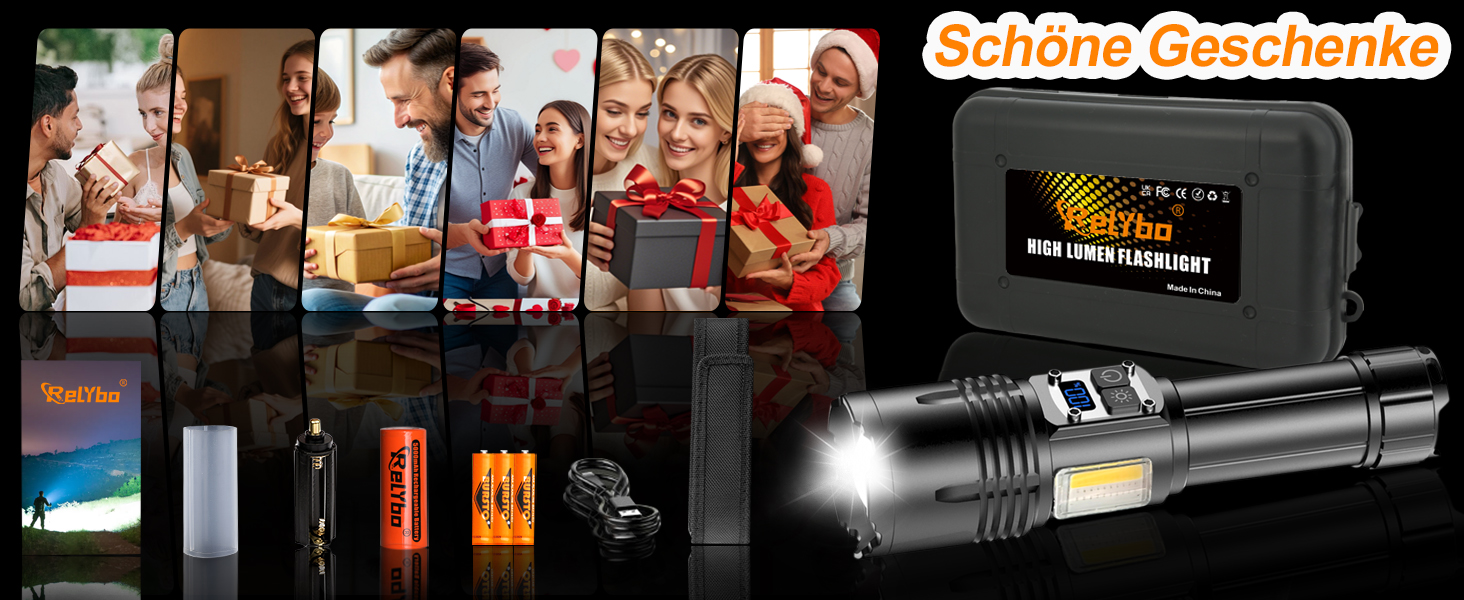 Тактична ліхтарик Relybo: перезарядна, 1000000 люмен, 9 режимів, COB бічне світло, USB-C, для кемпінгу та надзвичайних ситуацій