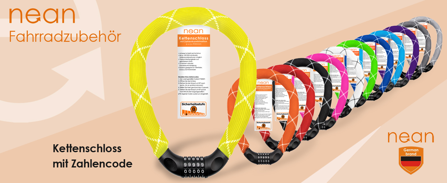 Замки для велосипеда Nean: надійний захист з цифровим кодом та міцною обмоткою, 6x6x900 мм (жовтий)