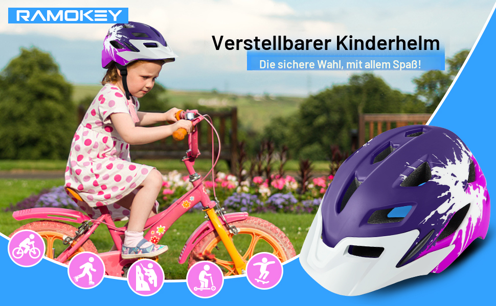 Дитячий шолом для велосипеда з ліхтариком, регульований, 50-56 см, 5-14 років, фіолетовий+рожевий