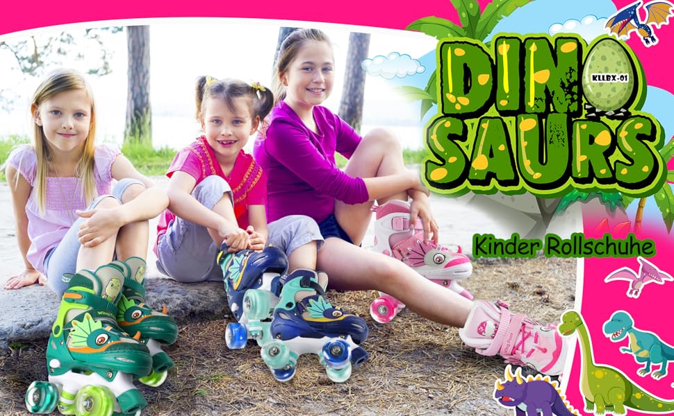 Ролики дитячі Kinder Dinosaurier з підсвічуванням, розмір регулюється, рожеві