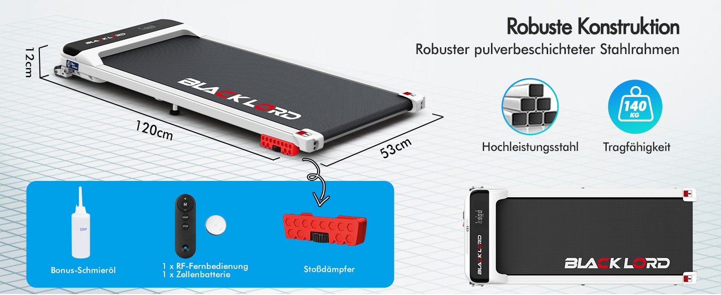 Електричний біговий тренажер BLACK LORD з нахилом 9%, 3.2 PS, 4-в-1 для дому та офісу, 12 програм, динамік, 140 кг, білий