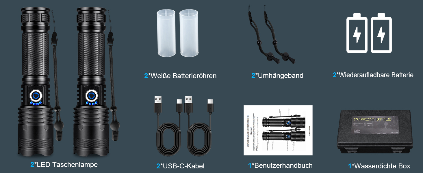 Тактичні ліхтарі Zeusfire 2 шт. 1000000 люмен, водонепроникні IPX6, 5 режимів, для кемпінгу, туризму, тактики, чорний