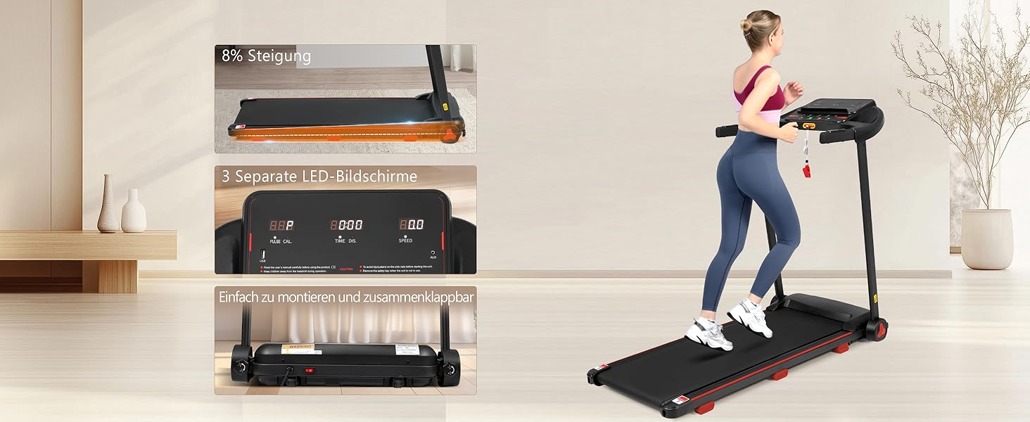 Біговий тренажер для дому, складаний, швидкість до 14 км/год, вантажопідйомність 120 кг, тримач для планшета, Bluetooth-динамік, німецька якість, USB-зарядка, кут нахилу 8%