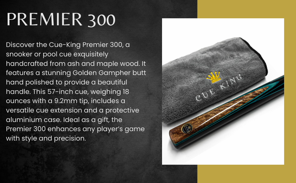 Cue-King Premier 300: Більярдний кий для снукеру, ручної роботи, 144.8 см, 510.3 г, з кейсом, телескопічним подовженням, з мікрофібровим рушником