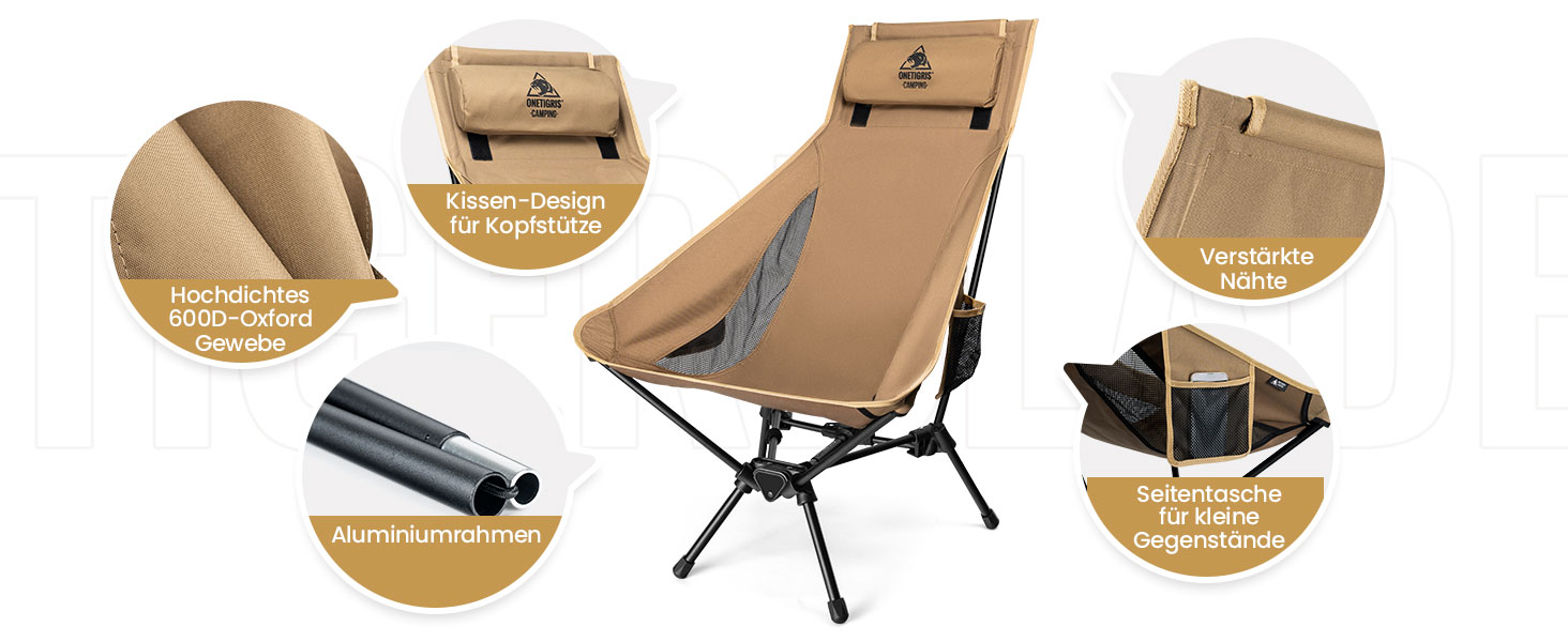 Стілець для кемпінгу OneTigris TIGERBLADE з високою спинкою, 170 кг, складний, легкий, з трикутним каркасом, для риболовлі з 2 кишенями, для відпочинку на природі, піших прогулянок, колір Койот