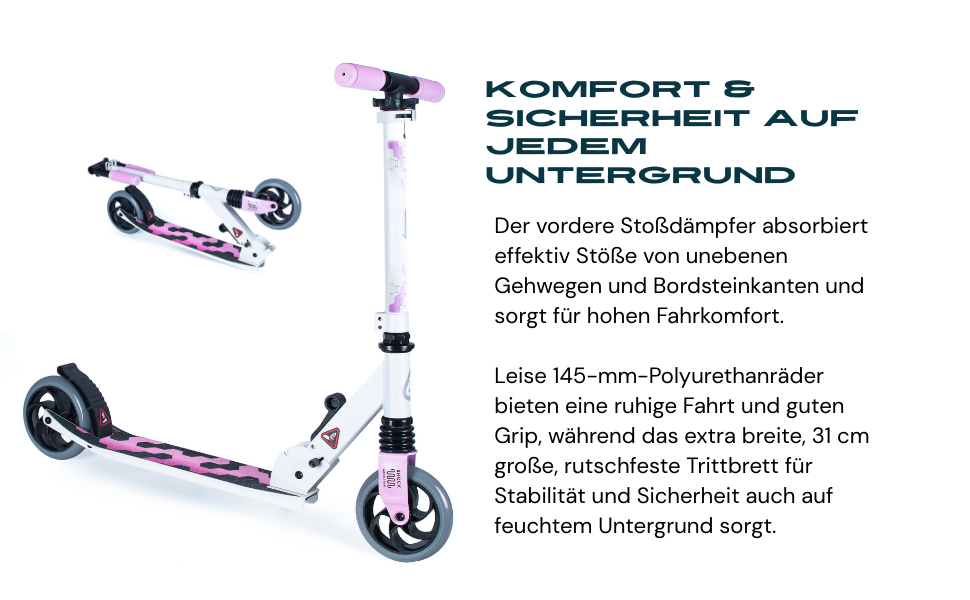 Самокат міський Bergen City Scooter Sonic - алюмінієвий, складаний, колеса PU 145мм, амортизатор, гальмо заднє, регулювання висоти, для дітей від 5 років, легкий, наклейка на деку (білий, чорний, рожевий)