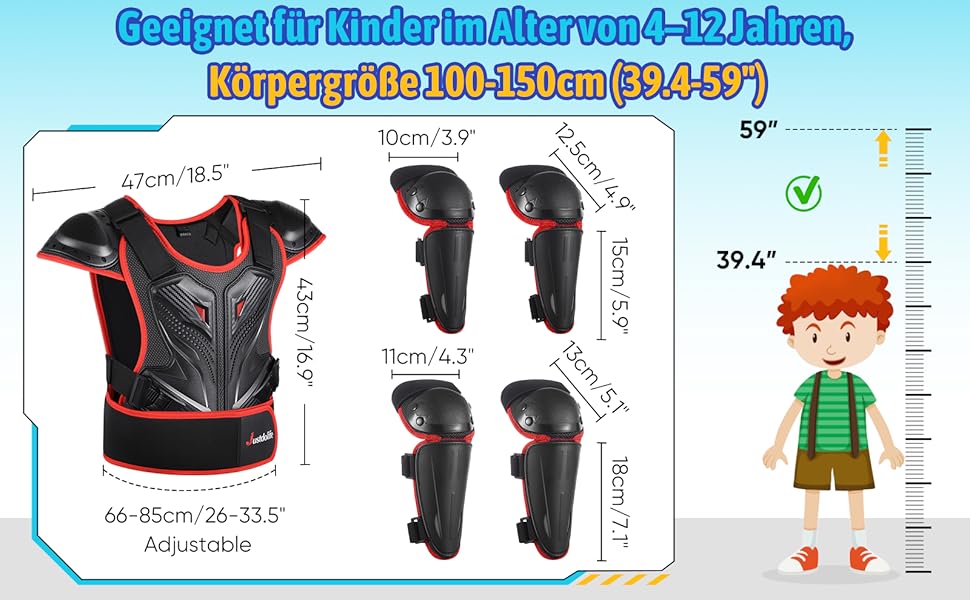 JUSTDOLIFE Комплект мотозахисту для дітей – 5 предметів: захисна мотокуртка, нагрудник, налокітники, наколінники для хлопчиків та дівчаток, для мотокросу, катання на велосипеді та скейтборді