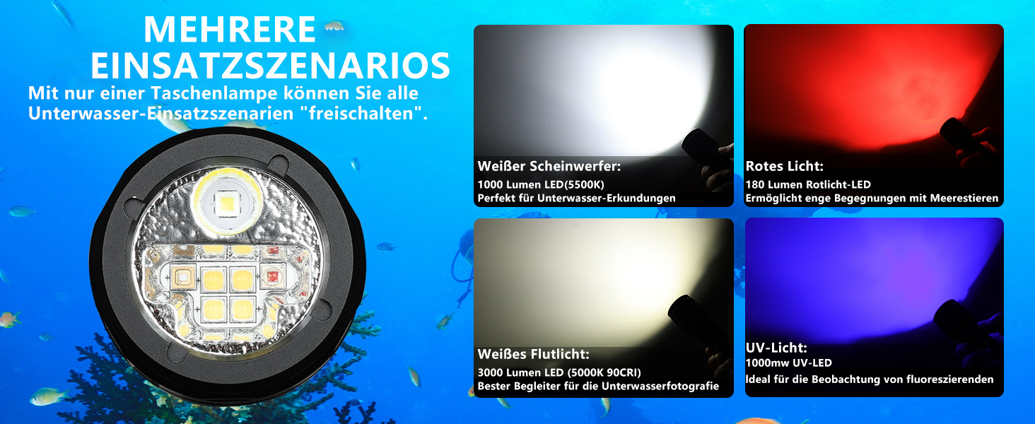 Ліхтар під водою Wurkkos DL07: 3000 люмен, 100 метрів, USB, з UV/Red світлом
