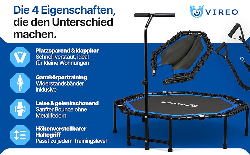 Батут фітнес VIREO для дорослих 102 см, до 150 кг, складаний, з ручкою, гумовими стрічками, для дому