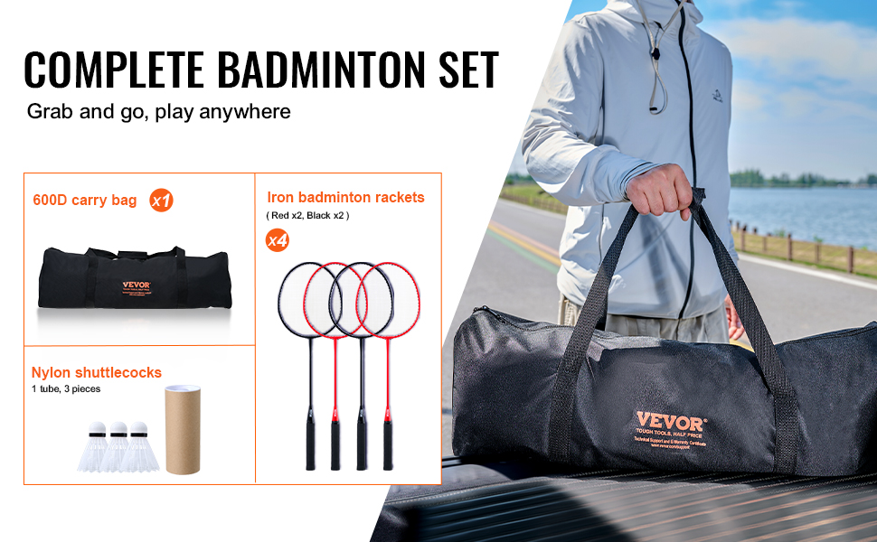 Набір для бадмінтона VEVOR: сітка, стійки, ракетки та м'ячики. Ідеально для дорослих та дітей.