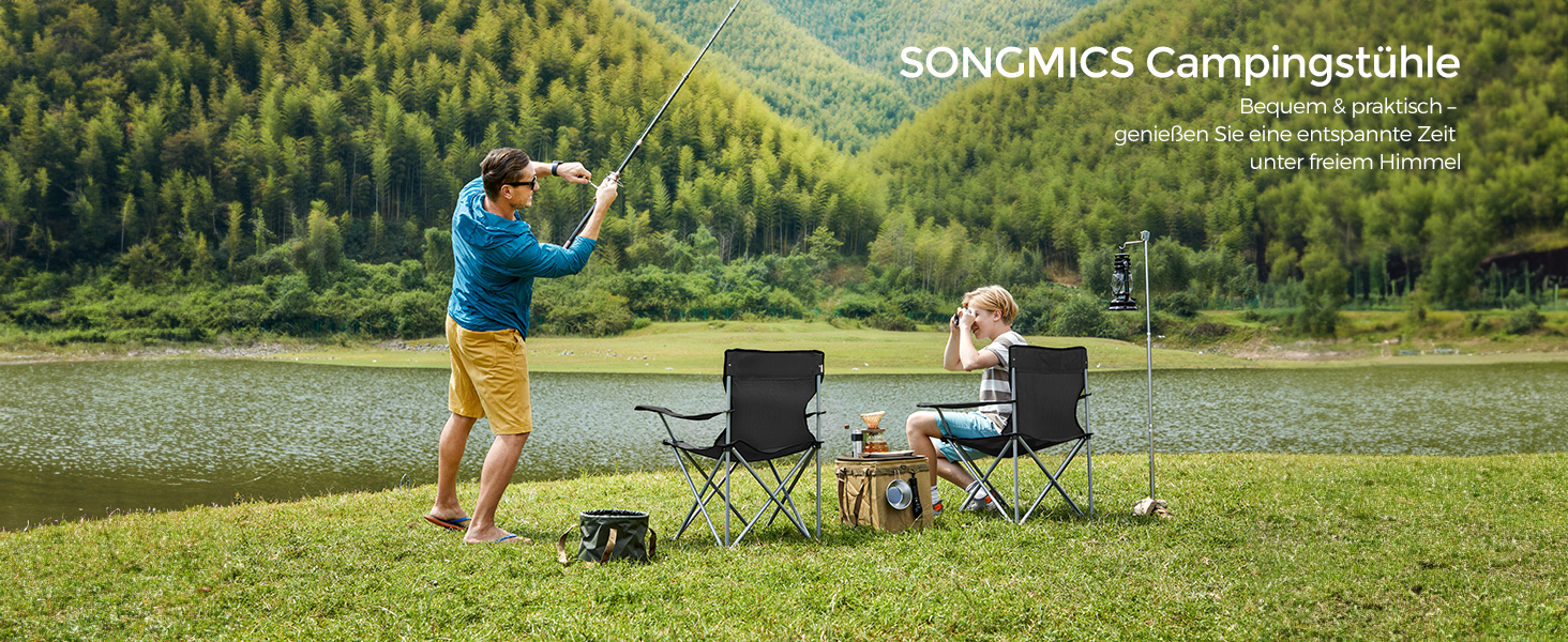 Крісла для кемпінгу SONGMICS, розкладні, 2 шт., чорні, з підлокітниками та тримачем для напоїв, міцний каркас, вантажопідйомність 120 кг