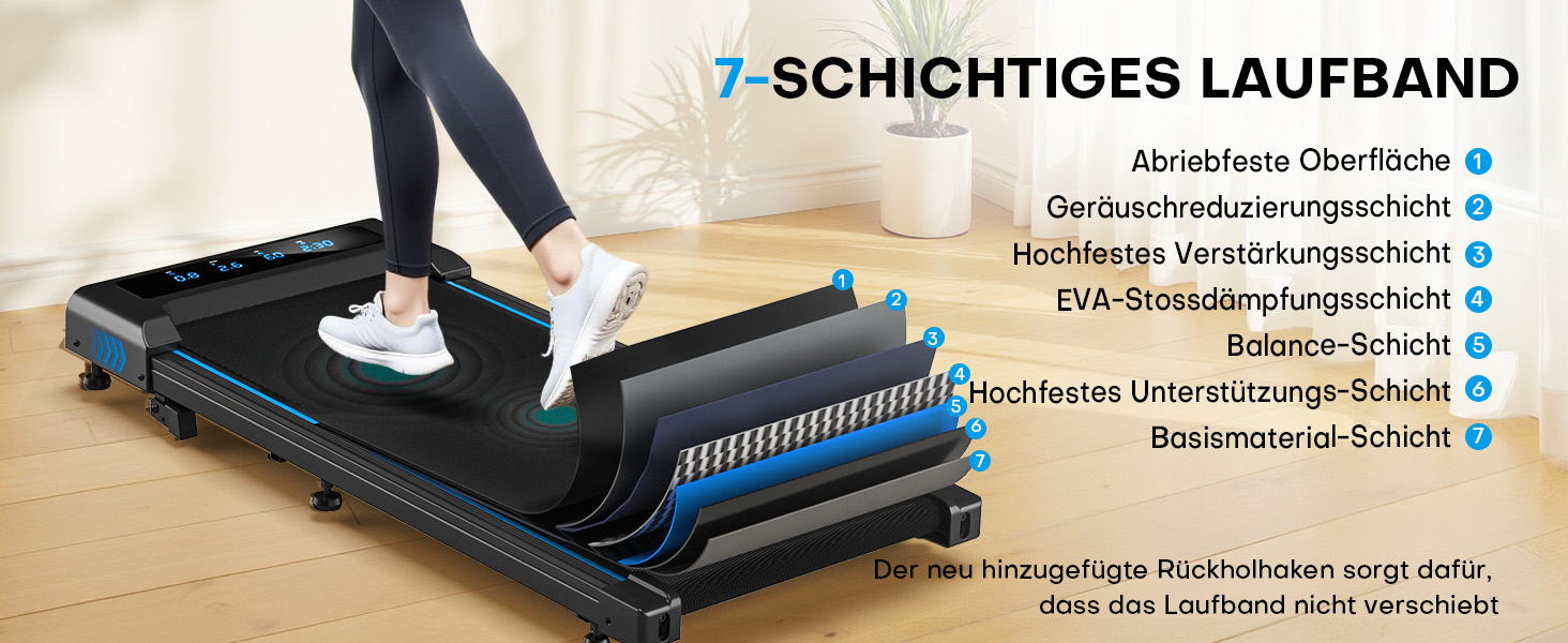 Walking Pad Laufband для дому 4-в-1: біговий стіл з підйомністю 9%, безщітковий двигун 2.5HP, LED-дисплей, пульт дистанційного керування, 12 HIIT-програм, до 150 кг, без встановлення, чорно-синій, з режимом повноекранного відображення