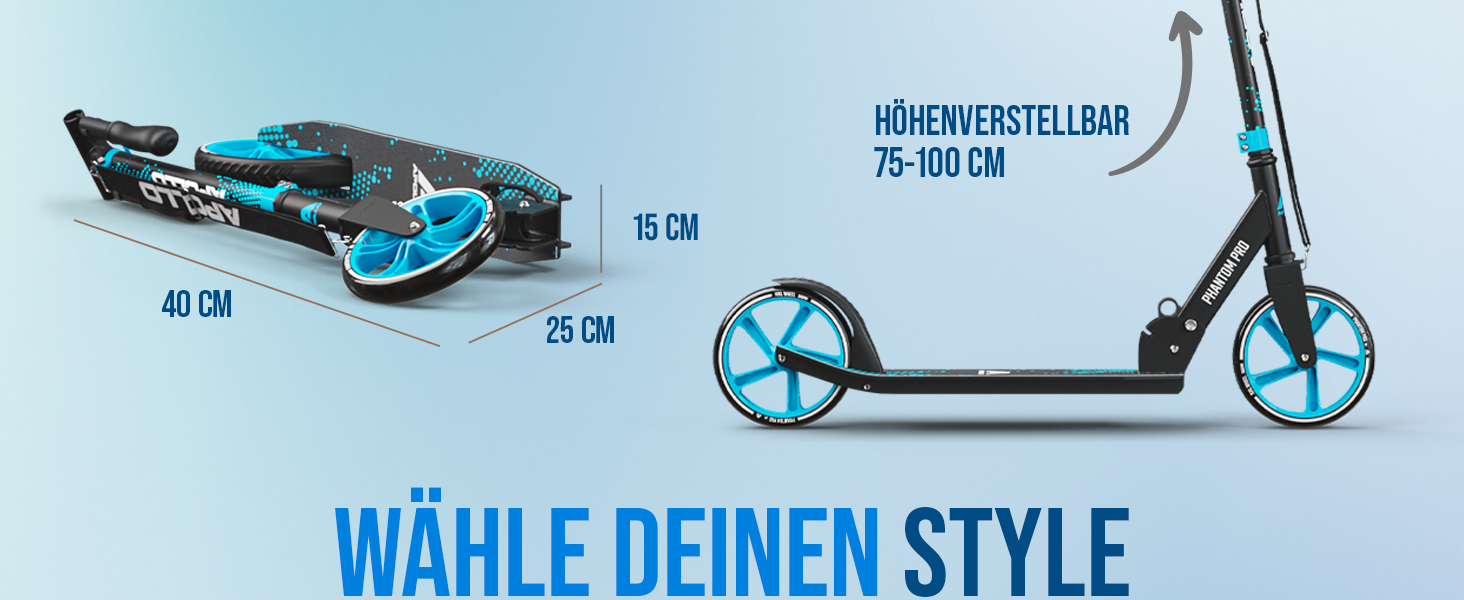 Скутер Apollo Phantom Pro City з LED-підсвіткою - розкладний, регульований по висоті, для дорослих, дітей та підлітків