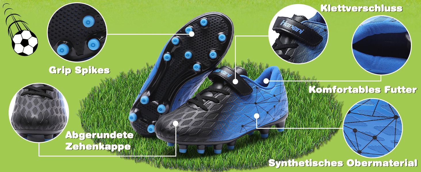 Дитячі футбольні бутси Hanani FG/AG для штучного покриття та натурального газону, чорно-сині, 33 EU (унісекс)