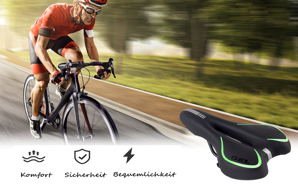 Велосипедне сідло MSDADA Gel MTB: комфортне, ергономічне, водонепроникне для гірського велосипеда, BMX, шосе, міського велосипеда (чорний/зелений)