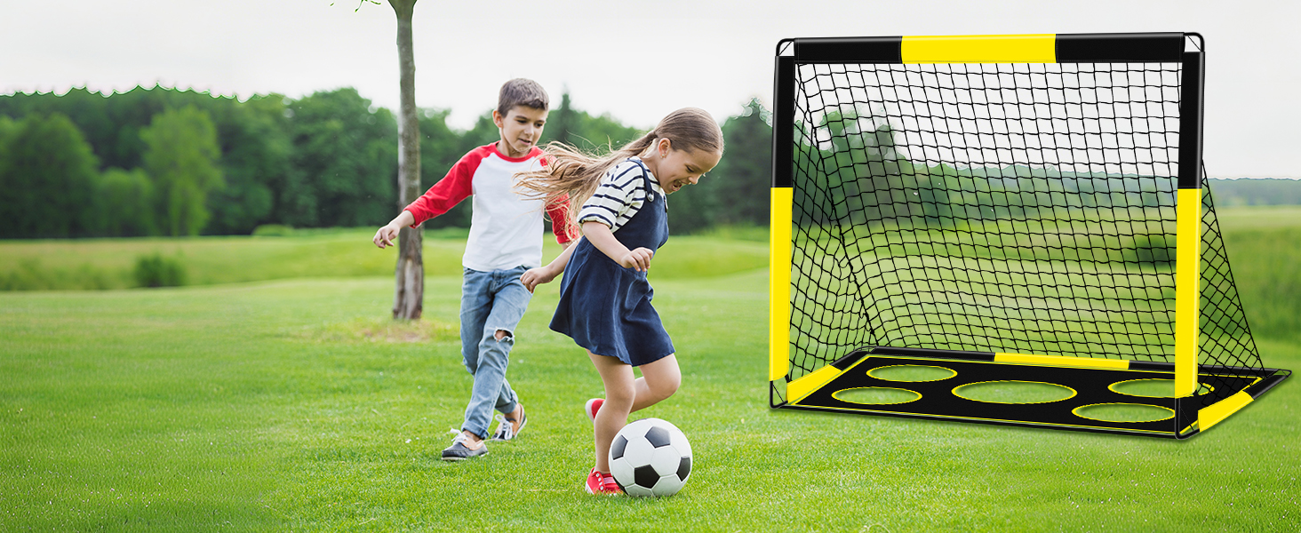 Дитячі воріта для футболу 2-в-1, 150х120 см, портативні та стабільні, з 5 цілями, 4 анкери та сумка, для саду, парку, пляжу (жовті)