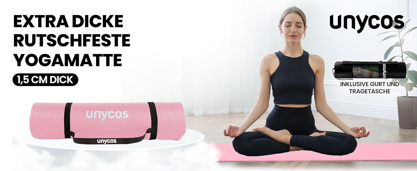 Килимок для йоги Unycos з нековзким покриттям | Щільність 6/10/15 мм, килимок для гімнастики з ремінком, електронна книга | Дружній до шкіри фітнес-килимок для пілатесу, тренувань, спортзал #14 Світло-рожевий 183*60*1.5 см