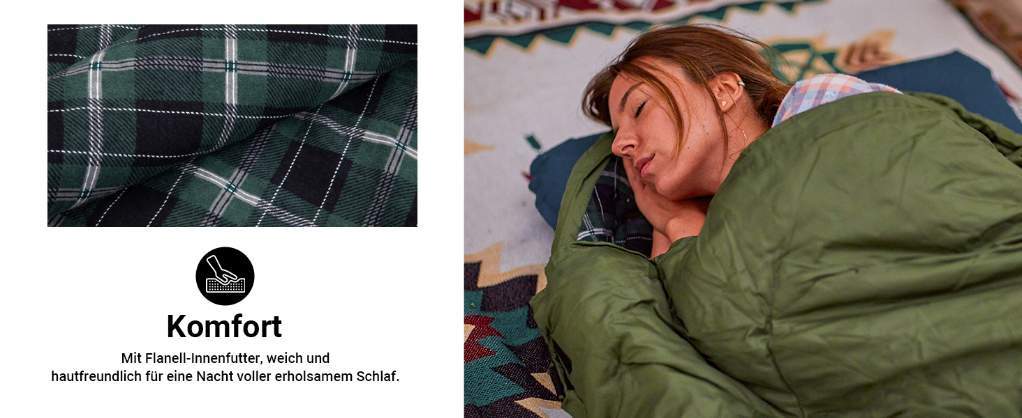 Сплячий мішок KingCamp Flannel для дорослих, 3-4 сезони, ультралегкий, бавовна, теплий, ковдровий, водонепроникний, для кемпінгу (зелений/коричневий, L, блискавка)