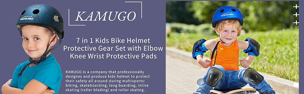 Дитячий шолом KAMUGO з комплектом захисту: наколінники, налокітники, захист зап'ясть. Підходить для дітей 1-8 років для роликів, скейта, велосипеда. Колір: синій, карбон