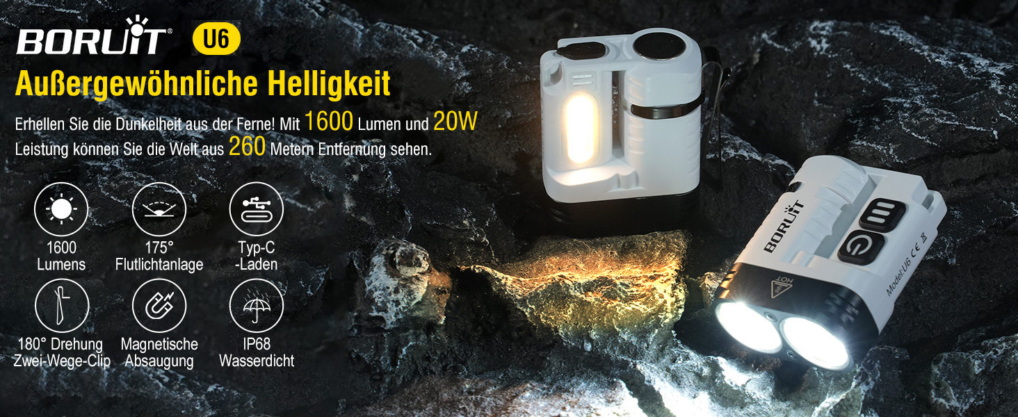 Ліхтарик BORUIT U6 LED акумуляторний 1600 люмен, водонепроникний IP68, з кліпсою та магнітом, компактний EDC для кемпінгу та надзвичайних ситуацій (чорний/білий)