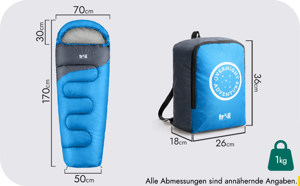 Дитячий спальник Trail Mumienschlafsack для кемпінгу 3 сезони, блакитний, 300 г/м² - з транспортним рюкзаком для хлопчиків та дівчаток