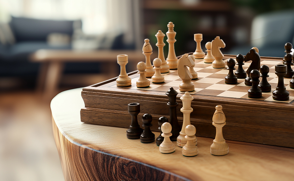 Магнітний шаховий та шашки з горіхового дерева – 2-в-1 набір, з ящиком для зберігання, 2 фігури для шашок, 24 шашкових фігури – дерев'яний шаховий набір для дітей та дорослих