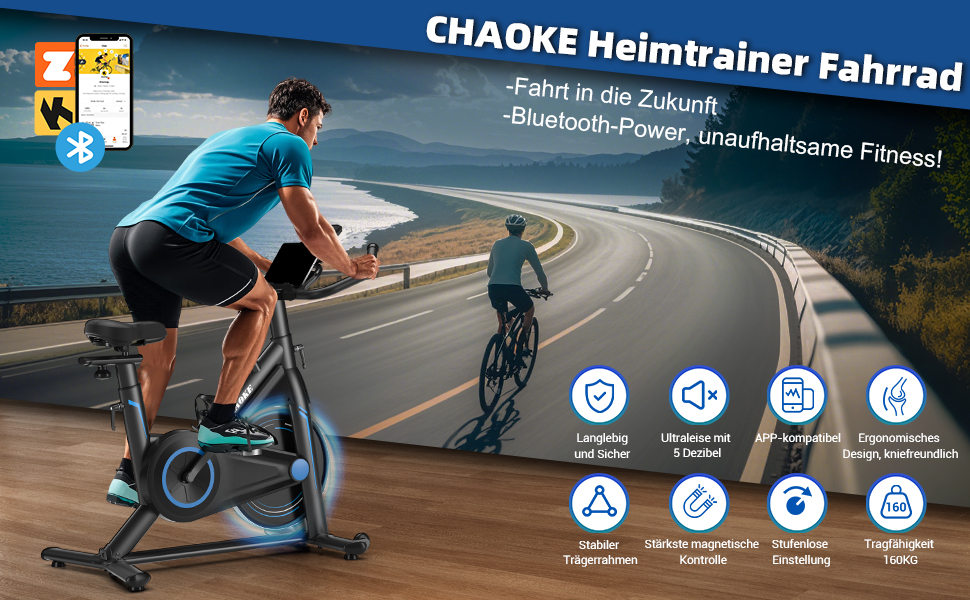 Велотренажер Heimtrainer CHAOKE з додатком, професійний ультра-тихий магнітний ергометр для дому з V-стабільною рамою, м'яким дихаючим сидінням, вантажопідйомність до 160 кг