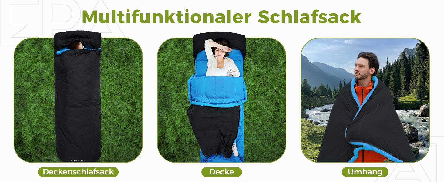 Спальний мішок ATEPA Ultraleicht Daunenschlafsack: Легкий, компактний, 3-сезонний (12°C/6°C/-1°C), водонепроникний, для кемпінгу, походів, трекінгу та рюкзакових подорожей, з компресійним мішком ThermaCore, чорний