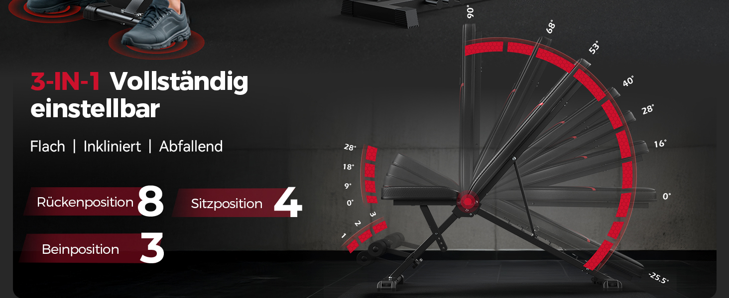 Регульована лавка для тренувань FLYBIRD з 8 положеннями спинки та 3 положеннями підніжки, вантажопідйомність до 318 кг, складана, чорно-червона