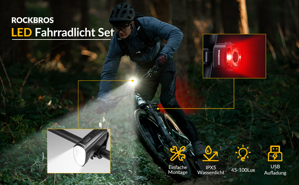 ROCKBROS LED велосипедне світло, USB зарядка, водонепроникний ліхтар для велосипеда, комплект переднього та заднього ліхтаря, 100 Люкс, чорний
