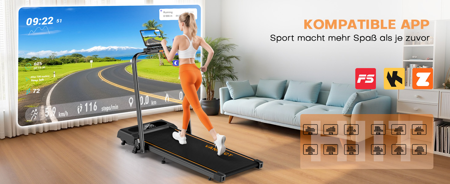 VANNECT Walking Pad - складане бігове полотно для дому, 1-12 км/год, кут нахилу 9%, LCD-дисплей, дистанційне керування, 150 кг, помаранчеве