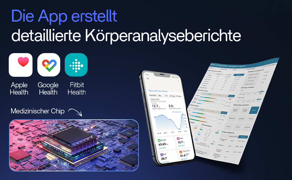 Розумні ваги для аналізу складу тіла Körperanalyse-Waage: 58 показників, 8 електродів, Bluetooth, додаток без підписки, мультикористувач, звітність