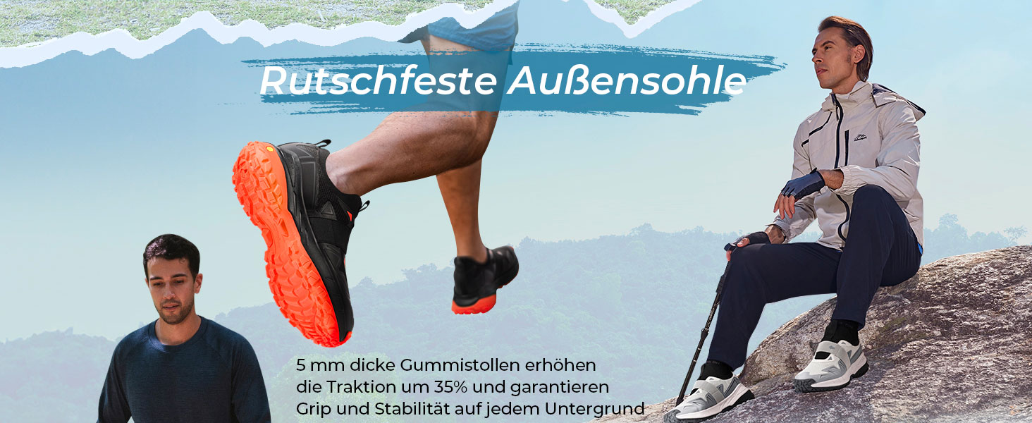 Черевики для хайкінгу FitVille для чоловіків, широкі, трекінгові, slip-on, outdoor, дихаючі, для ходьби, з антиковзкою підошвою, вільні кросівки (45 EU X-широкі, чорно-помаранчеві)