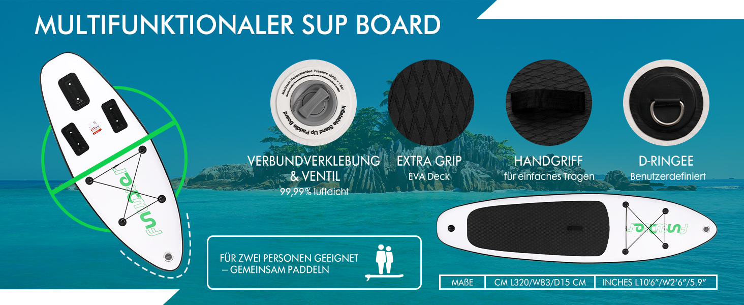 Надувний SUP-борд FunWater 320CM – комплект: весло, рюкзак, 3 ласти, насос, лінія. Підходить для початківців та досвідчених. 10' 6