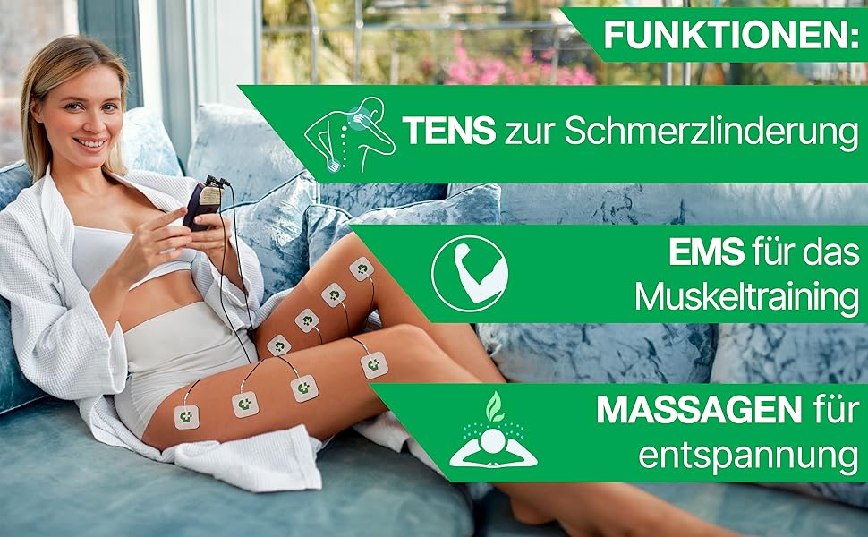 Електростимулятор м'язів TESMED Fit: EMS, TENS, масаж (3 в 1), 22 програми, 6 налаштовуються, для зняття болю та стимуляції м'язів живота, сідниць та грудей. Комплект з 8 електродів.
