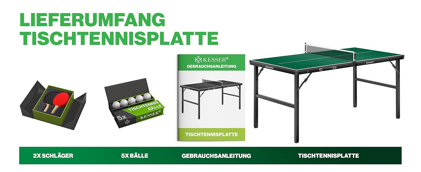 Набір для пінг-понгу KESSER® Mini з столом, ракетками, м'ячами та сіткою | Внутрішнє використання, портативний | Ламінована стільниця, складаний дизайн-кейc, для дітей та дорослих – 153 x 76,5 см, зелений