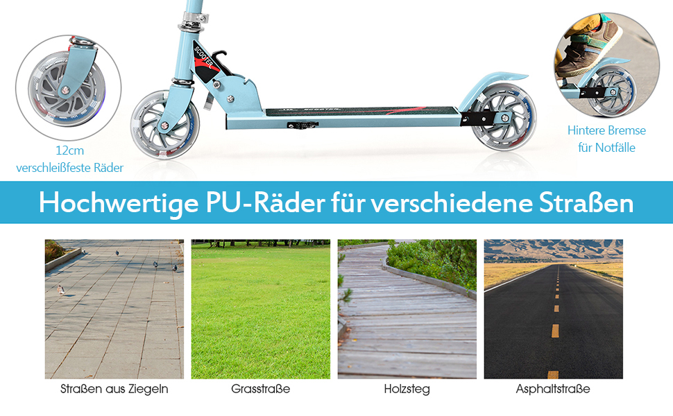 Дитячий ролер COSTWAY з LED-колесами, для дітей від 4 років, до 70 кг, регульована висота, блакитний