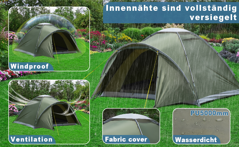 Намет для кемпінгу на 2-4 особи з тамбуром, водонепроникний (PU5000), зелений, для подорожей, трекінгу, кемпінгу та відпочинку на природі