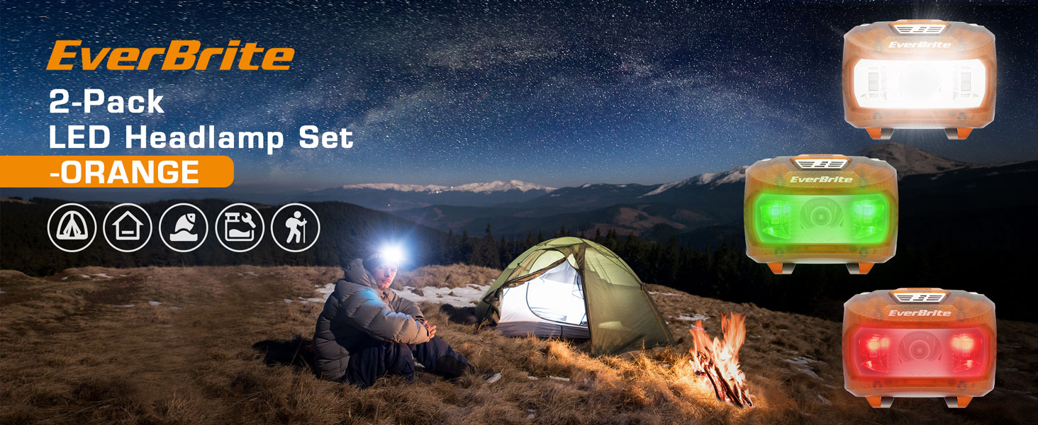 LED налобний ліхтар EverBrite 2 шт. з червоним та зеленим світлом, 5 режимів, для кемпінгу, відпочинку на природі, подарунок на Різдво, з 6 AAA батарейками (Помаранчевий)