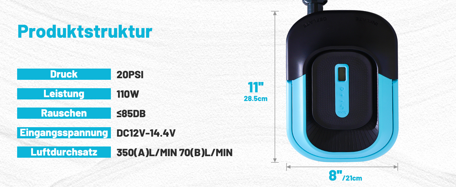 Електричний насос FunWater для SUP, надувних човнів, басейнів та наметів. 20 PSI, 12V DC, 6 насадок, блакитний