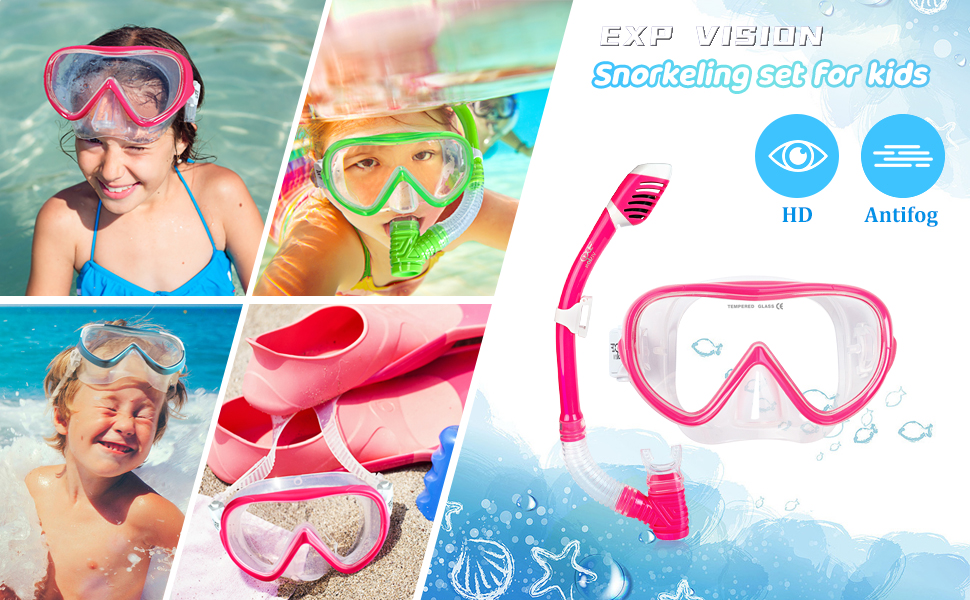 Набір для підводного плавання Kids, Окуляри для дайвінгу Kids Anti-og and Dry Snorkel - Маска для дайвінгу проти протікання Суха трубка Набір для підводного плавання для хлопчиків 4-14 (F, рожевий набір)