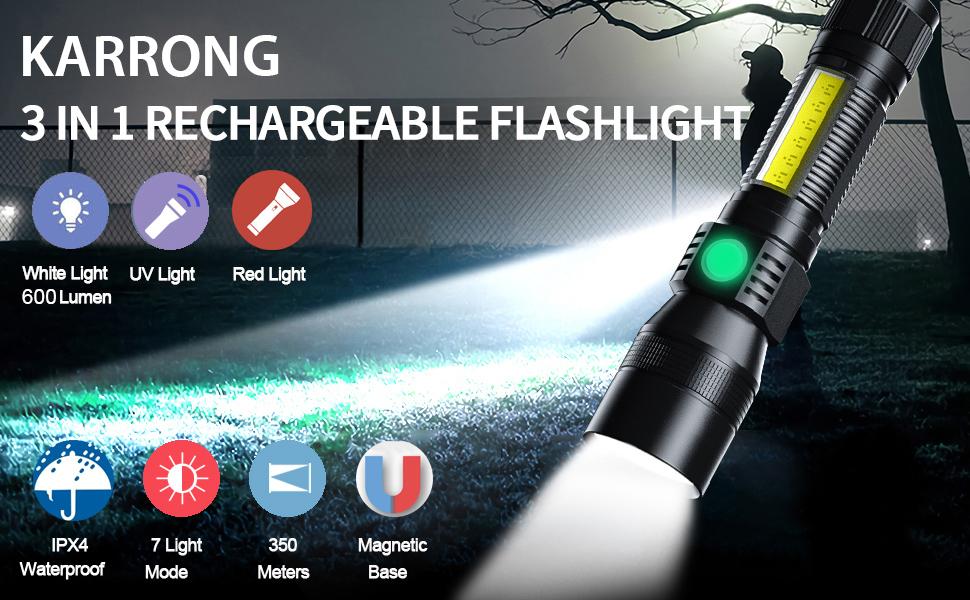 Набір ліхтариків Karrong LED: ультрафіолетовий (UV 395нм) та червоний світловий режим, USB-зарядка, магнітний корпус, для кемпінгу та походів (4 шт, чорні)