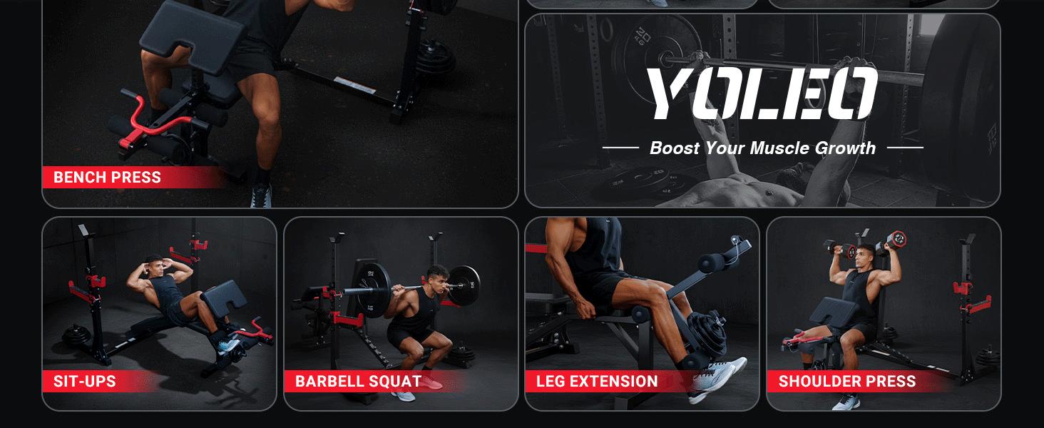 Складана тренажерна лава YOLEO 10 в 1 для дому: регульована, з полицями для дисків, для пресу та згинання ніг