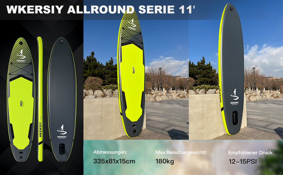 Надувний SUP Борд Allround 335см – Стабільний комплект Stand Up Paddle Board для початківців та професіоналів – Яскраве веслувальне дошка для йоги, риболовлі та відпочинку (Чорний)