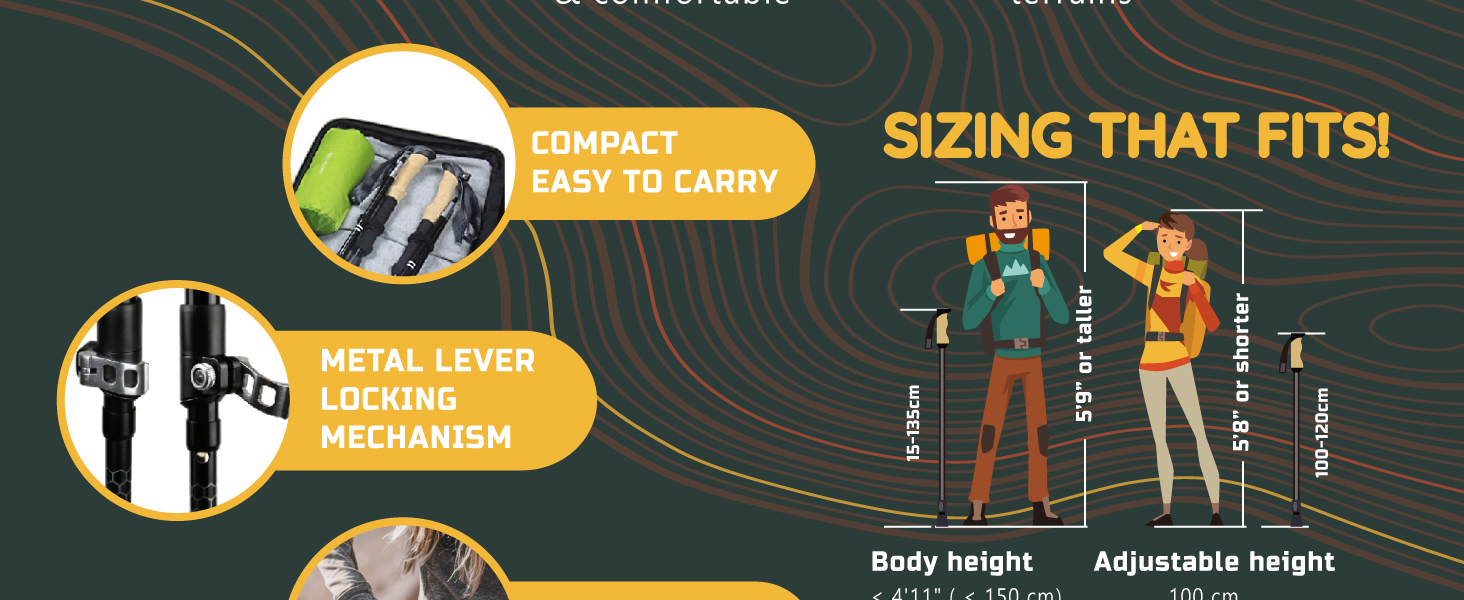 Трекінгові палиці Trekology Trek-Z 2.0 (чорні) – регульовані, легкі, з корковим руків'ям, 100-120 см