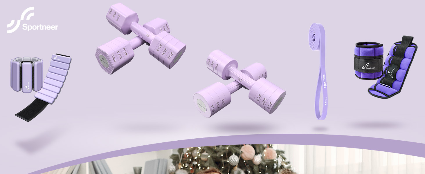 Набір гантелей Sportneer регульовані жіночі – 2 шт. (1–2,5 кг) з неслизьким TPU-покриттям, 4-в-1 для дому, фітнесу та силових тренувань Aura-Lavendel
