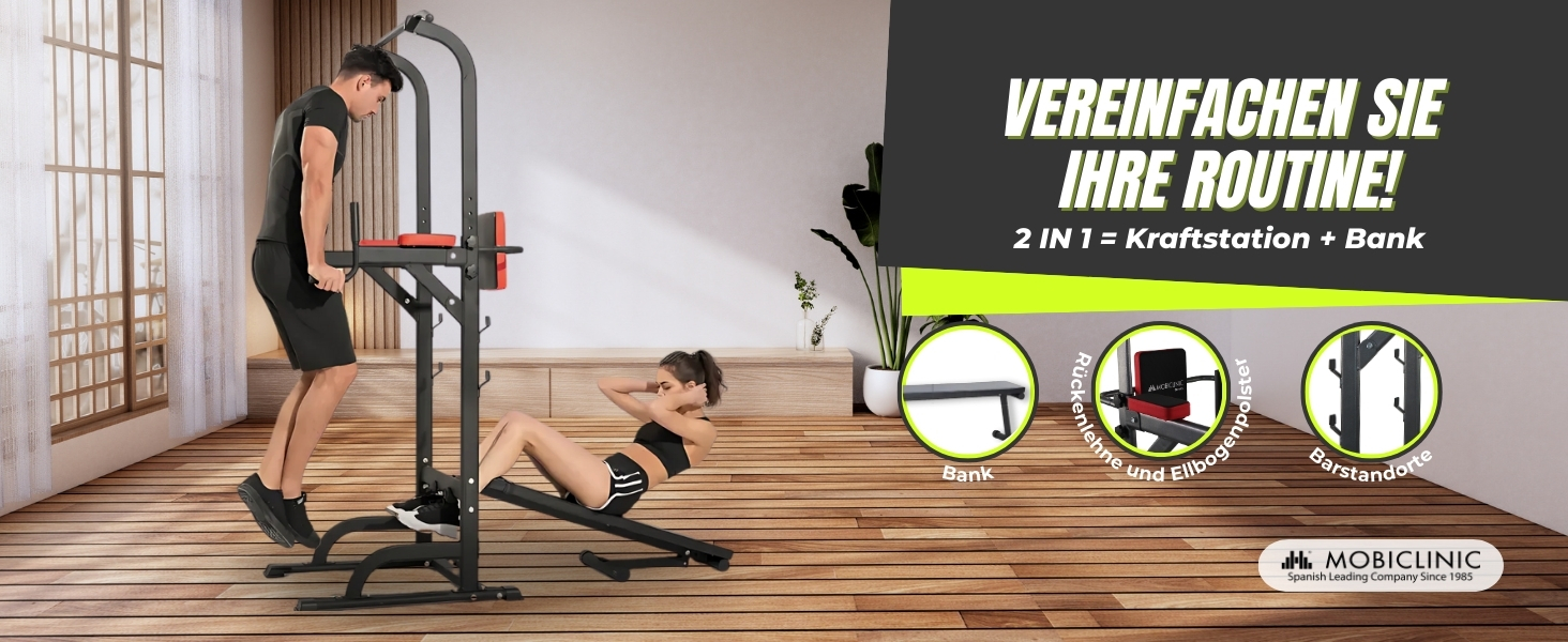 Мультифункціональна силова станція Mobiclinic Fitness 9 в 1, складана, з турніком, лавкою для жиму, регульована по висоті, протиковзка, м'яка оббивка