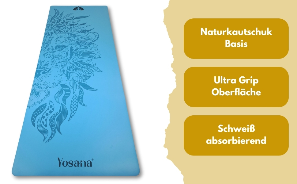 Килимок для йоги Yosana з натурального каучуку надзвичайно не ковзає Поверхня ULTRA GRIP з ECO PU дуже широка 68см включаючи ремінь для перенесення Килимок для йоги 183х68см 4 мм тонкий світло-блакитний лев 4 мм з ремінцем для перенесення